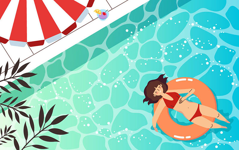矢量插图的女人穿着比基尼漂浮在游泳池图片素材