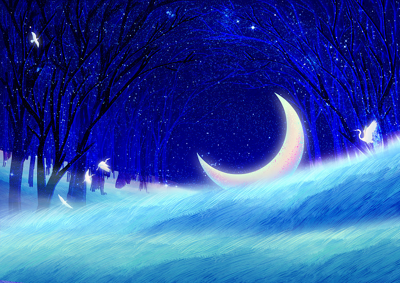 月亮躺在森林里的草坪上发出光茫插画背景图片