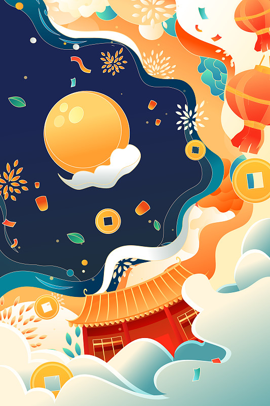 卡通中秋节传统节日庆祝古建筑新年春节喜庆年货节送礼矢量插画图片
