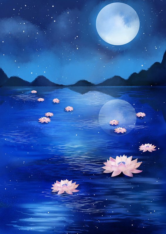 月下湖上莲花灯图片素材