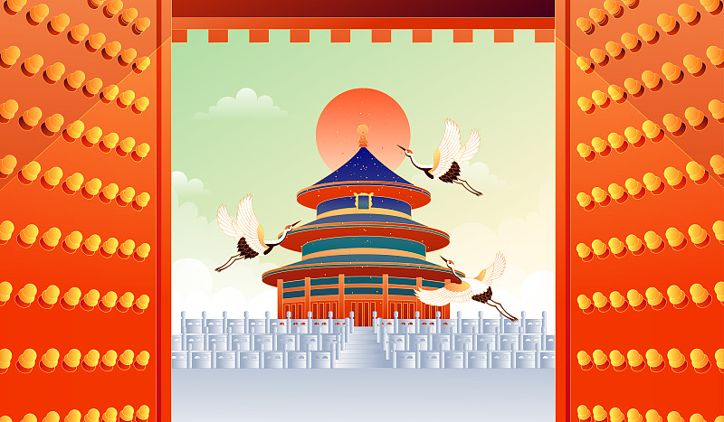 国潮风北京天坛古建筑矢量插画图片