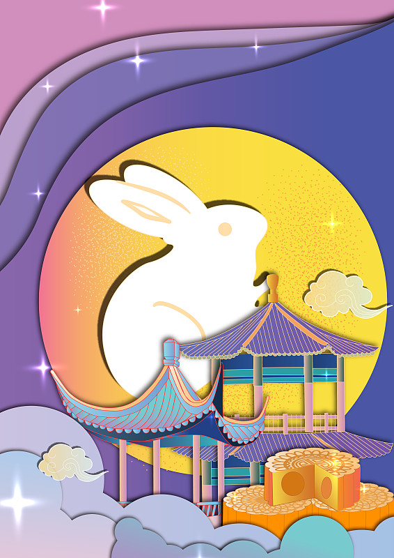 中秋节新中式剪纸风圆月白兔竖版无字图片素材