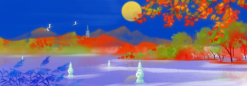 中秋节杭州西湖平湖秋月风景画图片下载