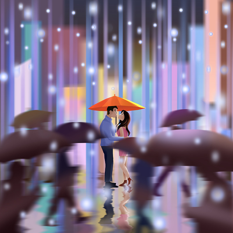 一对情侣撑伞在都市背景前拥抱图片下载