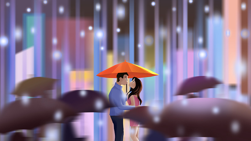 一对情侣撑伞在都市背景前拥抱图片素材