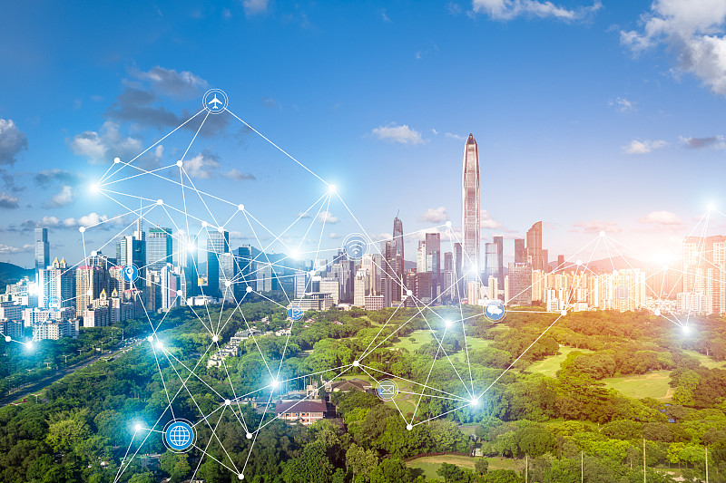 深圳城市风光和5G网络智慧城市概念图片下载