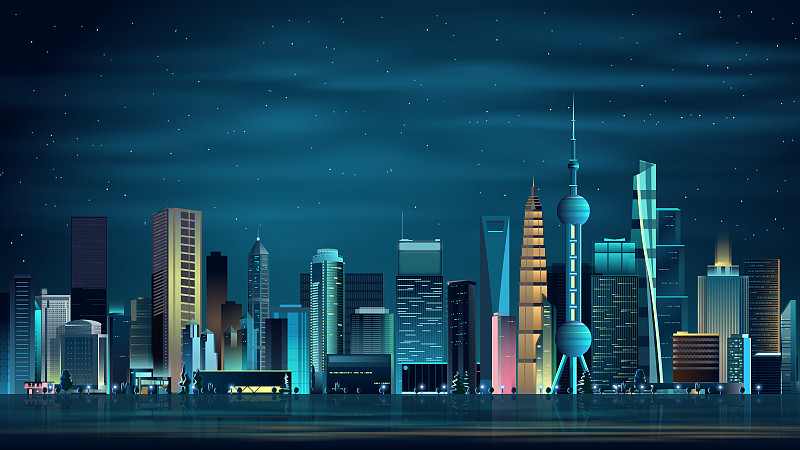 现代城市夜景霓虹赛博朋克效果插画图片