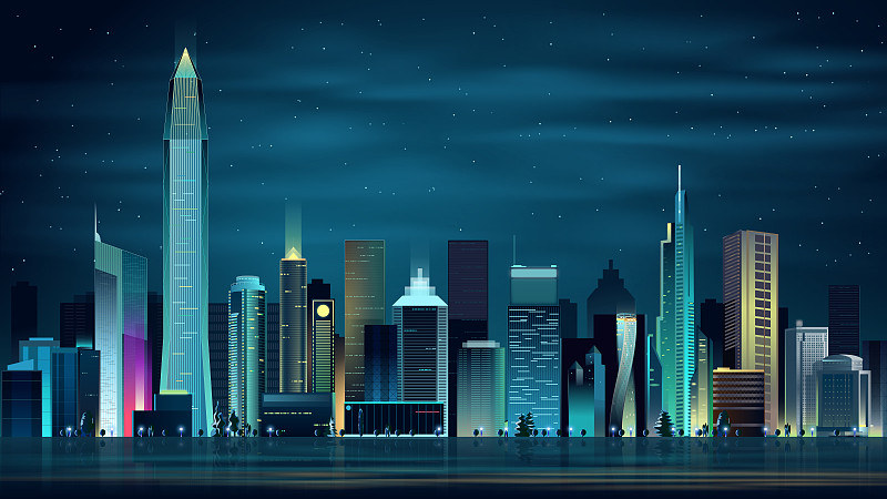 现代城市夜景霓虹赛博朋克效果插画图片