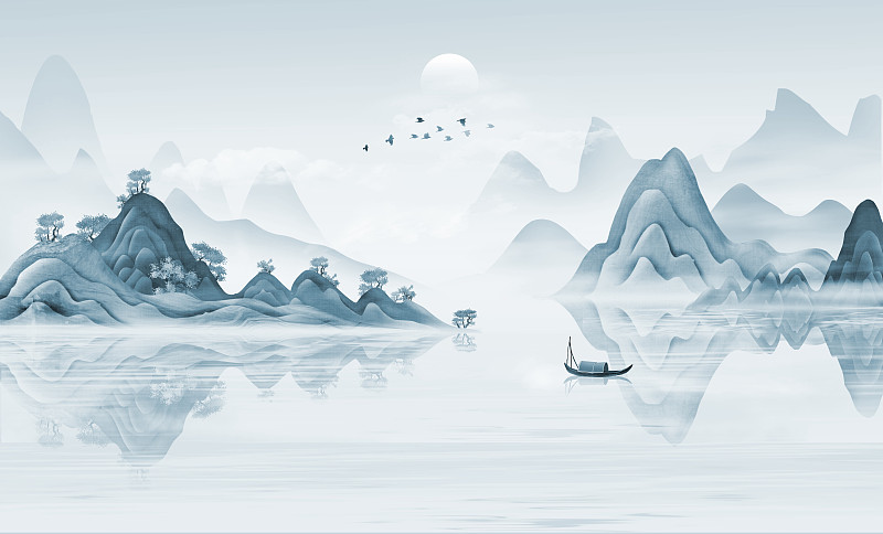手绘中国风意境蓝色抽象山水风景画图片下载