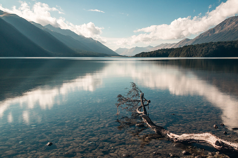 风景湖的山对天空，特阿瑙，新西兰图片素材