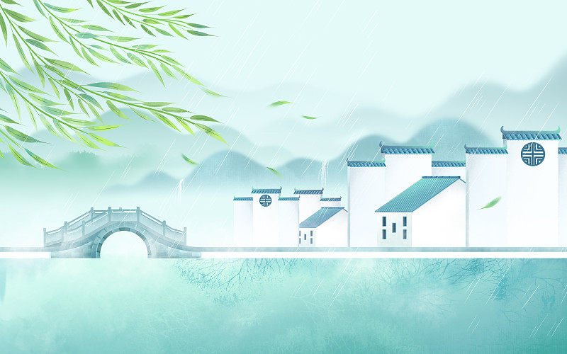 中国风徽式建筑水墨山水风景图片下载