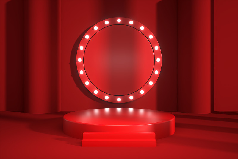红色舞台和圆弧形灯光，三维图形图片下载