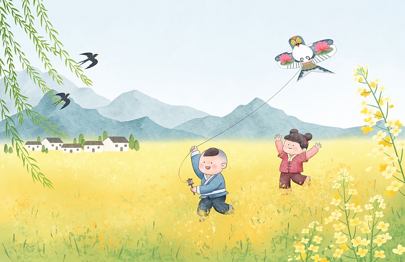 春分小孩放风筝插画图片