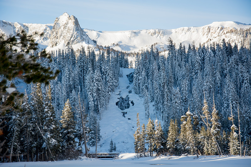 雪山对天空的风景，猛犸湖，加利福尼亚州，美国图片素材
