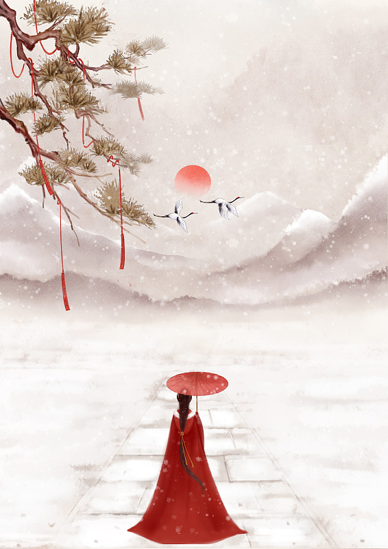 手绘中国风宫墙雪景打伞远眺的红衣女子图片下载
