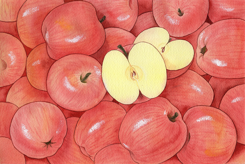 手绘水彩很多水果烟台红富士苹果素材元素插画下载