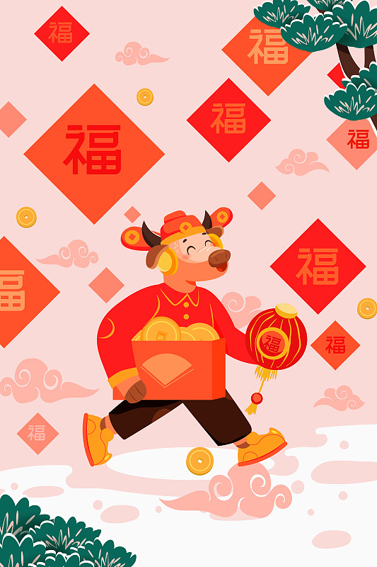 卡通春节新年2021牛年生肖吉祥物元旦除夕传统中国风矢量插画图片