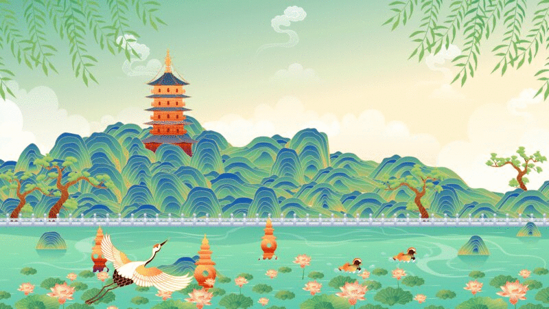 杭州西湖美丽的风景矢量插画下载