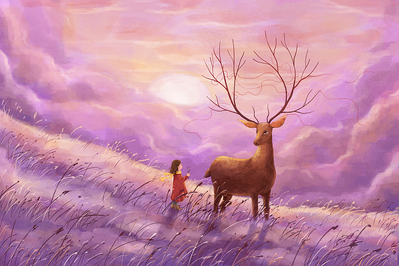 冬天唯美麋鹿和女孩插画图片