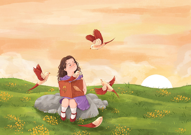 春天草地上读书的女孩插画二图片