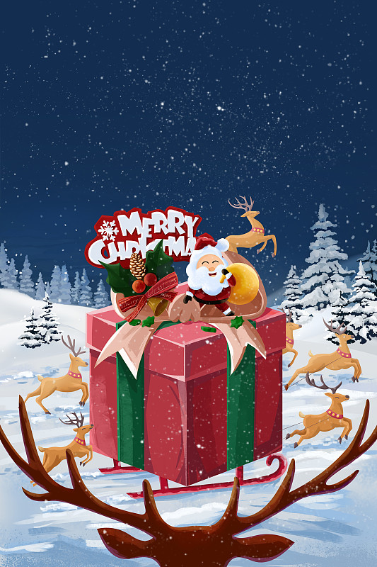 驯鹿拉着圣诞老人送礼物圣诞节插画海报下载