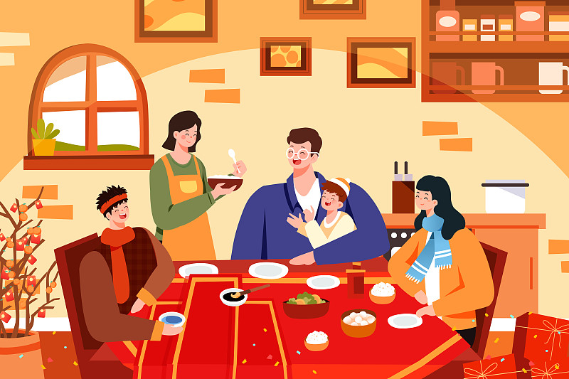 卡通家人亲子团圆年夜饭餐饮新年春节年货节中国风矢量插画图片