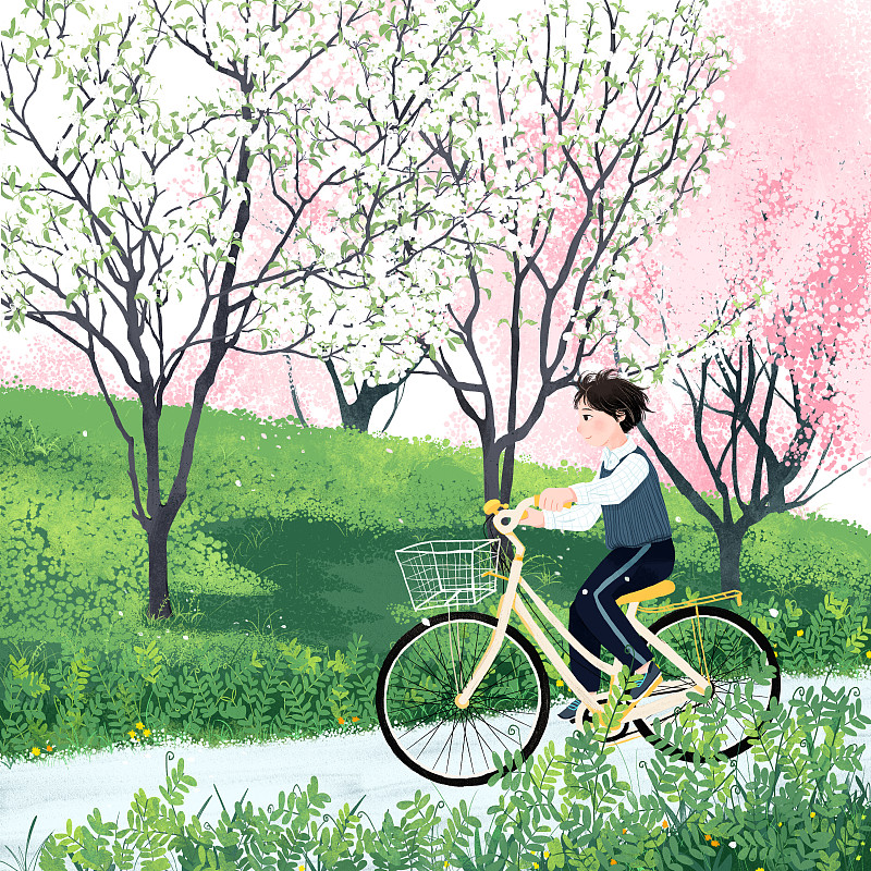 三月郊外草地梨花桃花自行车男孩童趣插画图片