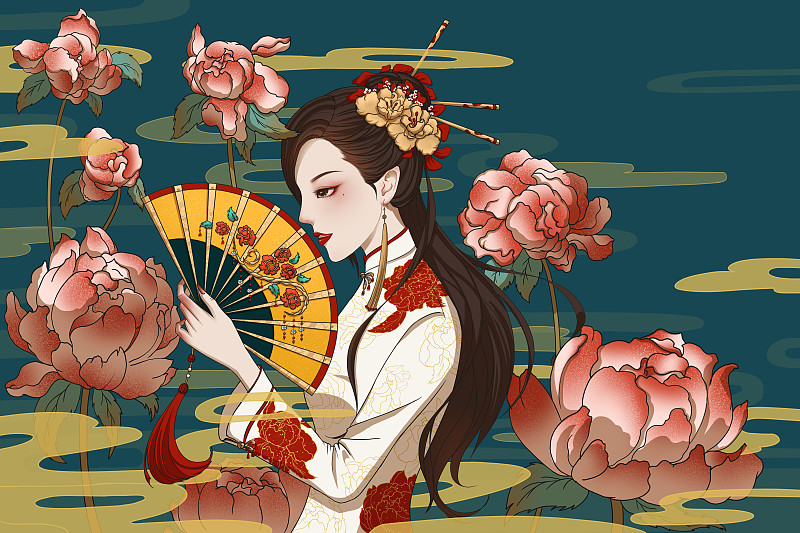 容貌艳丽的女性和牡丹花女神节插画下载