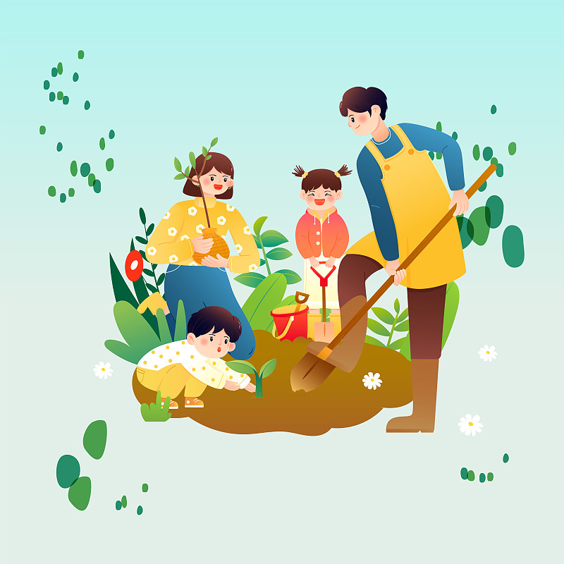 一家四口在春天植树环保矢量插画海报横图图片