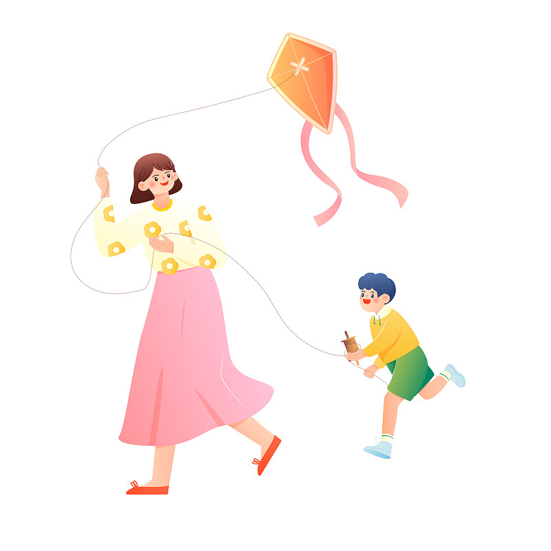 妈妈和孩子放风筝矢量人物插画元素下载