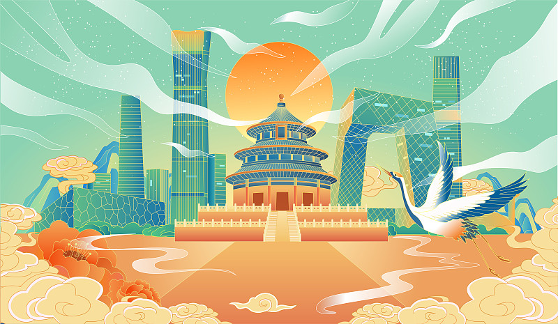 北京国风城市插画图片