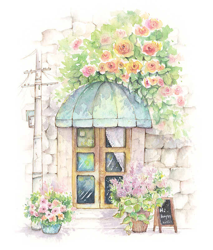 水彩插画风景建筑系列铺满鲜花蔷薇的商铺店铺图片