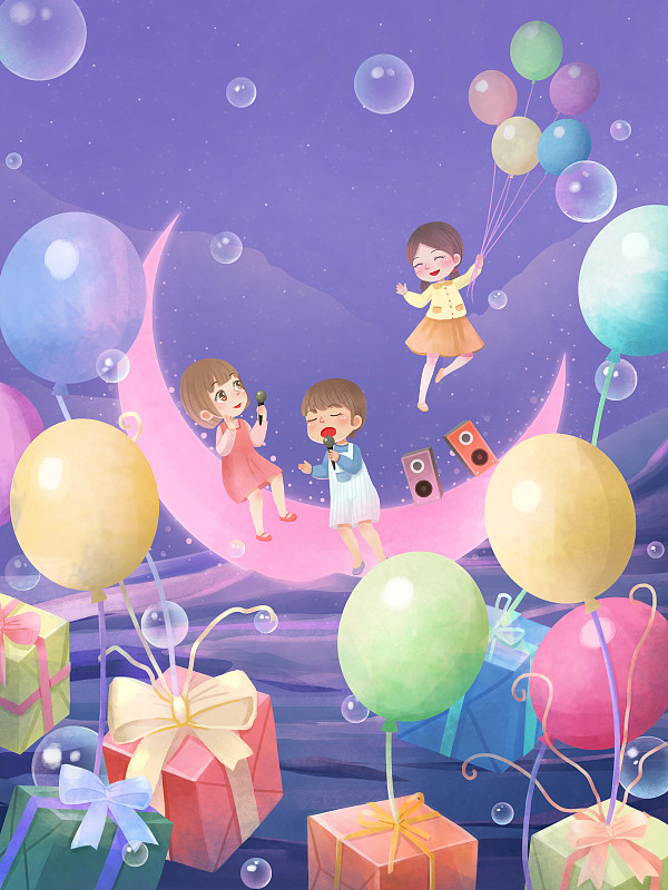 六一儿童节夜晚海洋月亮女孩男孩唱歌礼物气球插画图片