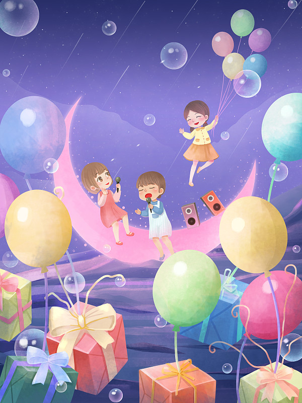 夜色月亮儿童唱歌欢乐海洋气球礼物节日插画图片