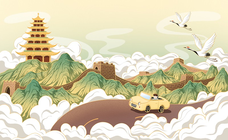 中国风长城宝塔开车旅行插画图片