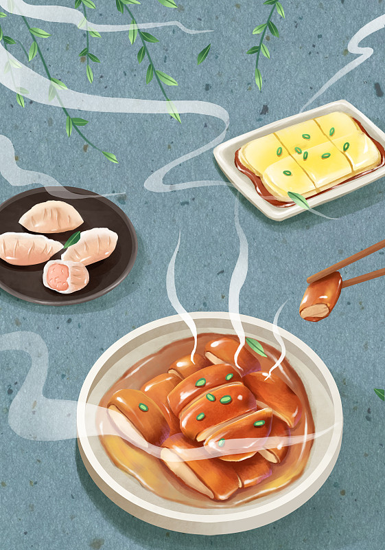 中华美食广东粤菜烧鸭虾饺肠粉中国风插画图片
