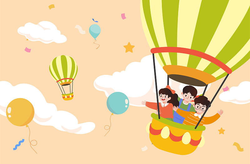 儿童乘坐热气球插画下载