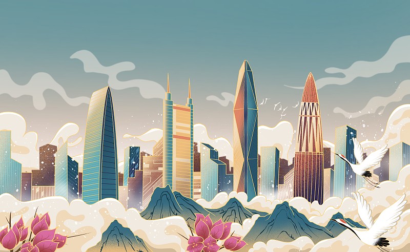 中国深圳城市天际线国潮插画图片