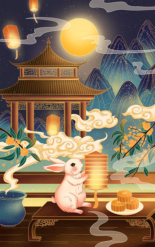 中秋节在山下赏月玩花灯的玉兔图片素材