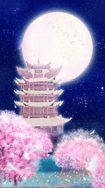 夜晚星空下武汉市的黄鹤楼周围樱花正盛开图片素材