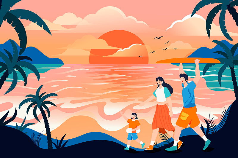 卡通夏季夏天海边度假旅游旅行休闲娱乐出游亲子游家人矢量插画下载