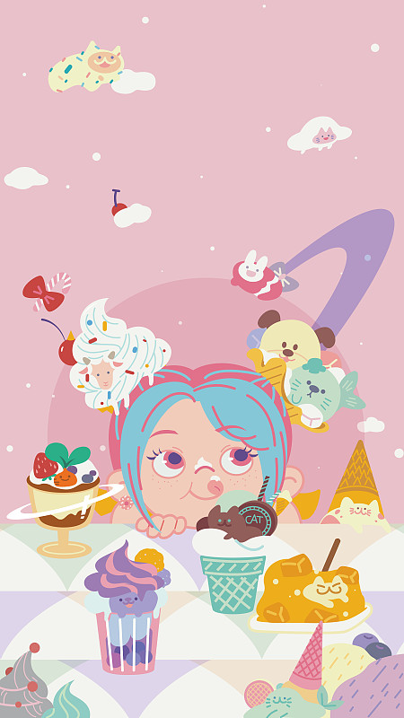 粉色女孩与冰激凌甜品矢量插画手机壁纸下载