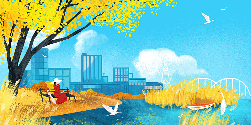 秋天树下的红裙女子与湖泊芦苇建筑插画图片