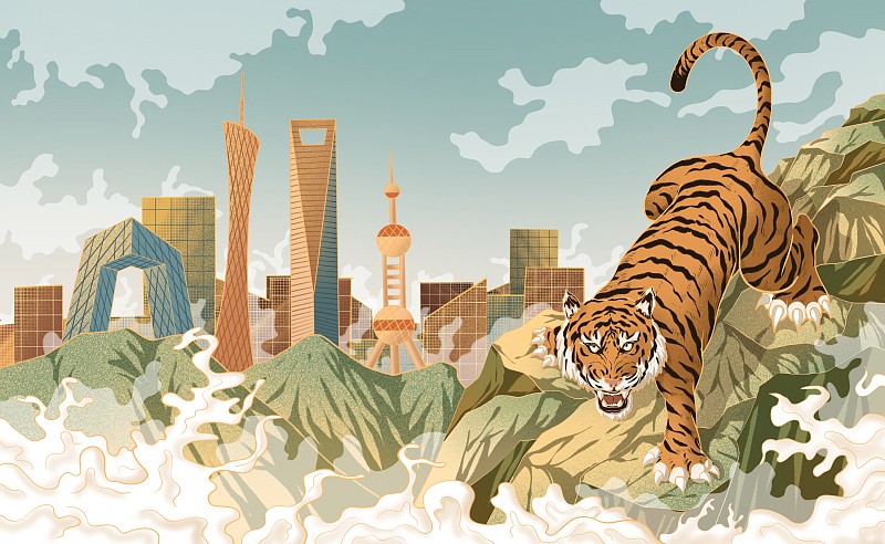 老虎和城市插画图片