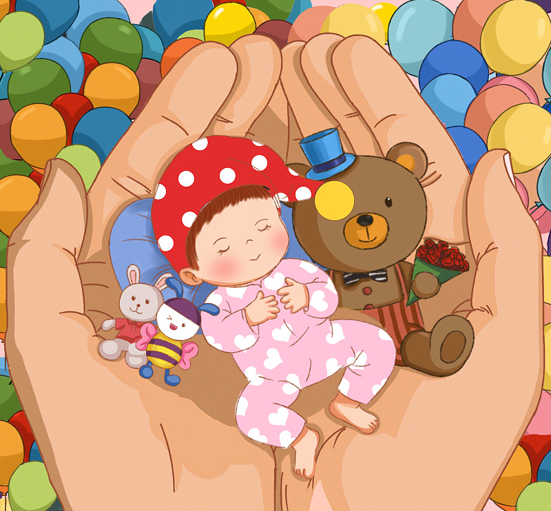 父亲节呵护宝宝亲子儿童成长幼儿睡觉温馨可爱插画图片
