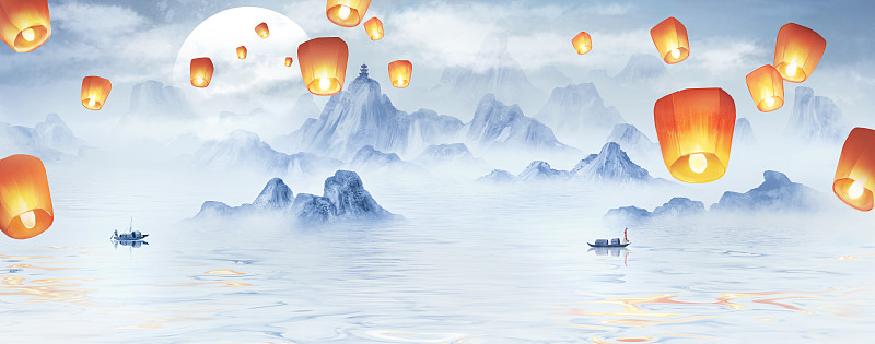 中国风山水画飘在空中的孔明灯图片素材