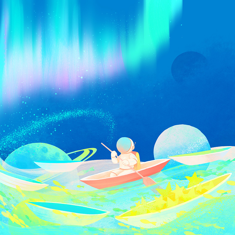 海面船鱼群夜空极光小宇航员梦幻插画图片