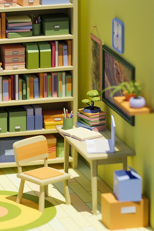 3D卡通风格书房主题室内场景插图图片下载