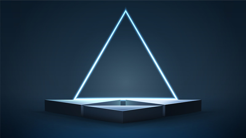 空的蓝色三角形领奖台上有霓虹灯图片下载