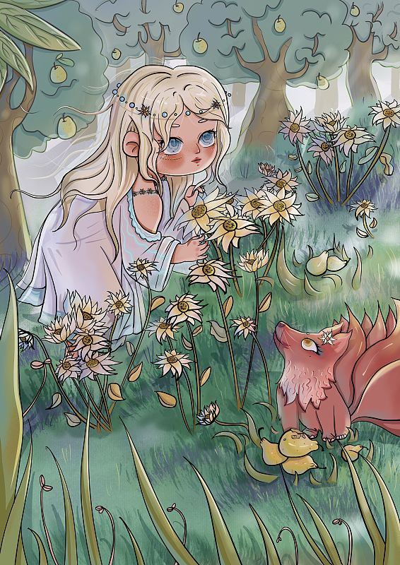 小女孩在森林里的花丛偶遇红狐图片素材